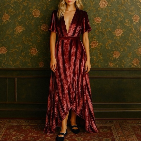 Free People Dresses & Skirts - FREE PEOPLE Kara Metallic Red Velvet Short Sleeve Wrap Maxi Dress